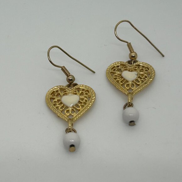 Vintage Gold-Tone Heart Drop Earrings With White Accents & Filigree Design - Picture 2 of 16